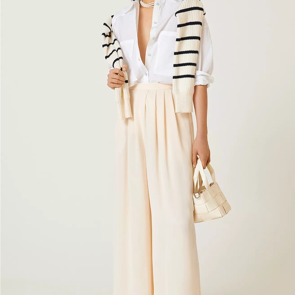 Satin High-Rise Cream Wide-Leg Trousers, Size Small